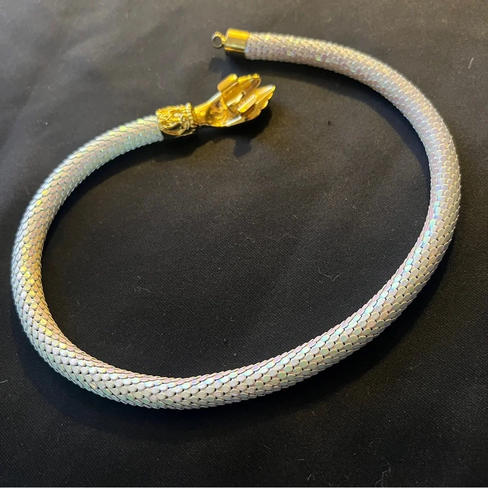 Vintage DL Auld Iridescent White Dragonscale Choker Mesh Snake Collar Necklace - Picture 5 of 11